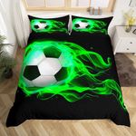 Manfei American Football Duvet Cover Set Green Flame Soccer Bedding Set 3pcs for Kids Boys Teens Sports Theme Comforter Cover Soft Polyester Quilt Cover with 2 Pillow Cases(No Comforter) King Size