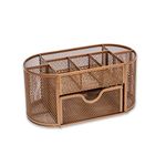 OSCO Rosegold Wiremesh Organiser with Drawer | Desk Tidy | Pen Holder | Office Storage | Pencil Storage | 8 Compartments | Stationery Caddy | H10.5 x W22 x D11 cm |