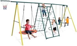 Metal Swing Sets for Backyard, 6 in 1 Swing Set, Swing Set with Saucer Swing, Climbing Frame and Net, Glider Belt Swing and Basketball Rim