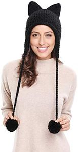 Bellady Winter Cute Cat Ears Knit Hat Ear Flap Crochet Beanie Hat, Black