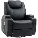 HOMCOM Faux Leather Recliner Chair with Massage, Vibration, Muti-Function Padded Sofa Chair with Remote Control, 360 Degree Swivel Seat with Dual Cup Holders, Black