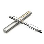 MMOWW Mini Compact Reading Glasses for Men Women - Superlight Metal Pocket Readers with Portable Pen Cases (Gunmetal +2.5)