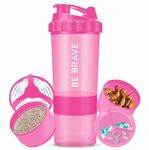 ACUNA Protein Shaker Bottle 600ml- 3 Layered Twist Off Cups For Pill & Supplement Storage - Steel Mixing Ball For Lump Free Smooth Shake- Easy To Clean Gym & Sports Shaker Bottle (Be Brave Pink)