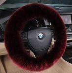 Andalus Luxurious Australian Sheepskin Long Wool Fuzzy Steering Wheel Cover, Anti-Slip 15 Inch Fluffy Steering Wheel Cover Offers a Plush Feel, Eco-Friendly Sheepskin Steering Wheel Cover (Dark Red)