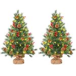 ENVEN 2 Pack 24'in Realistic Feel Thick Prelit Artificial Christmas Tree Tabletop Decorations 50 Lights Timer Battery Operated Pine Cones Red Berries Christmas Indoor Home Decoration