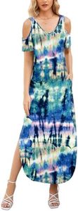 Gracyoga Maxi Dress for Women Casual Summer V Neck Cold Shoulder Short Sleeve Split Long Beach Dresses with Pockets, Tiedye01, XX-Large