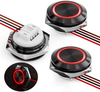 FILN 3PCS 19 mm Ultra Thin Momentary Push Button Switch 12v 24v IP67 Waterproof Short Touch Button Switch Red LED with Plug-in Quick Connect Terminals(Red,Black Shell)