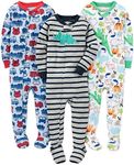 Simple Joys by Carter's Baby Boys' 3-Pack Snug Fit Footed Cotton Pajamas Set, Blue Firetruck/Grey Stripes/White Dinosaur, 12 Months (Pack of 3)