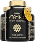 Vitamin C 1000mg Tablets High Strength - Slow Release Formula with Elderberry & Turmeric - 60 Tablets - Vegan VIT C Supplement - Plant-Based Immune System Support Complex - UK Made