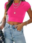 REORIA Butsmooth® Women's Basic Cute Short Sleeve High Neck Double Lined Tight T Shirts Crop Tops Tees, Neon Rose Red, Medium