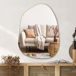 PERFNIQUE Irregular Wall Mirror Asymmetrical Mirror, Golden Wood Framed Mirror for Bathroom Bedroom Living Room Entryway, Decorative Modern Wall Decor, Wall Mounted Mirror (Gold, 32''x24'')