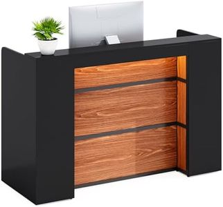 LITTLE TREE 63 Inches Reception Desk, Modern Reception Table with LED Light, Front Counter Desk, Wooden Checkout Counter for Lobbies, Salons, Retail, Home Offices, Reception Room, Black & Brown