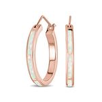 Created Pink Opal Inlay Flat Tube Large Hoop Earrings For Women Rose Gold Plated .925 Sterling Silver October Birthstone