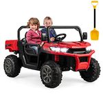 Costzon Ride On Dump Truck with Remote Control, 12V Electric Kids UTV w/Electric Dump Bed, Rocking Function, Shovel, 4 Spring Suspensions, Wireless Design, 2-Seater Ride on Car Gift for Kids (Red)