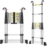 Teenza Telescopic Ladder 2.6m/8.5ft, Aluminium Extendable Ladder with Hooks and stabiliser, Multi-height Adjustment, Convenience for Home, Attic Access, Warehouse Work, etc.