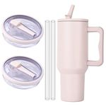 2PCS 40 OZ Tumbler Lids Replacement Cup Flip Straw Tumbler Lid, Reusable Tumbler Cover for Stanley, No Leakage Travel Tumbler Cup Lids Compatible with Straws Hole and Cleaning Brush (Beige)