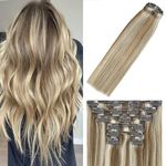 WindTouch Clip in Hair Extensions for Women Real Human Hair, 16 Inch 120g Ash Blonde Mixed Bleach Blonde, Highlighted Hair Extensions Real Human Hair Clip ins, Blonde Hair Extensions