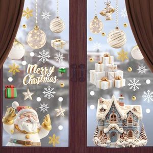 Vetrofanie Natalizie per Finestre, Adesivi Natalizi Finestre Riutilizzabili, Adesivi Natale Fiocchi di Neve, Oro Bianco Vetrofanie Natale Removibili Alci Babbo Decorazioni per Vetrine Casa 9 fogli