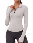 Rapbin Ladies Long Sleeve Gym Top Sports T-Shirt with Thumb Holes Hiking Running Cycling Yoga Gym Shirts Ivory Grey M