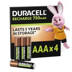 Duracell AAA Rechargeable Batteries (Pack of 4), 750 mAh NiMH, 1000 cycles, pre-charged, Long Lasting Power with a 0% plastic 100% recyclable packaging