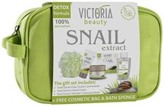 Victoria Beauty Snail Extract Skincare Gift Set – Anti-Aging Moisturiser 50ml, Hand & Nail Cream 50ml, Micellar Water 100ml, Exfoliating Bath Sponge and a Toiletry Wash Bag - Perfect Present for Women