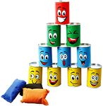 Ulifeme Tin Can Alley Game, Outdoor Garden Target Shooting Fairground Games for Kids & Children, Garden Party Toys Gift for Boys & Girls - 10pcs Fun Smile Knock Down Tin Cans and 3pcs Beanbags Packed