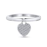 Simple Delicate .925 Sterling Silver Pave Dangle Heart Charm Ring For Teen For Girlfriend 1MM Thin Band