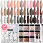 29 Pcs Dip Powder Nail Kit Starter, AZUREBEAUTY 20 Colors Classic Nude Collection Glitter Pink Neutral Chocolate Brown Skin Tone Dipping Powder Liquid Set with Top/Base Coat French Nail Art Manicure DIY
