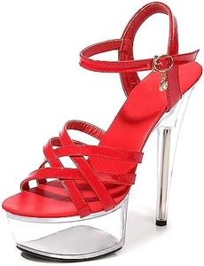 Sandales Talons Haut Aiguille Femme,Sandales Mariage Bride Cheville Escarpin Femmes Plateforme Epais Sexy Soirée,Rouge,41EU