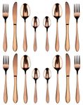 ANH MART Mirror Finish Rose Gold Plated Stainless Steel Flatware Set Copper Silverware Set Rose Gold Spoon Color Cutlery Set [Dinner Fork-Tea Spoon-Salad Spoon-Knife] Set of (Set of 16)