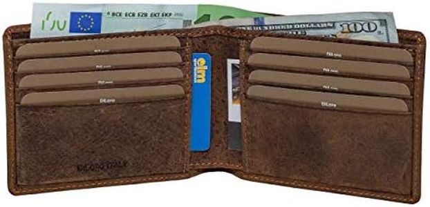 DiLoro Men's Slim Minimalist Bifold Genuine Full Grain Real Buffalo Leather with RFID Double Money Long Pocket and 8 cards (Dark Hunter Brown)