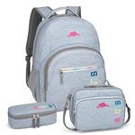 Roots Athletic 3-in-1 Matching Water Resistant Teen Backpack and Lunch Bag Set with Bonus Pencil Case - Made from 100% Recycled Fabrics - 34 litres, Grey Pink Rainbow, XL