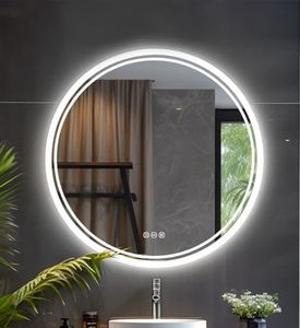 LUVODI Round LED Bathroom Mirror: 600mm Dimmable Backlit Lighted Wall Mounted Vanity Mirror Smart Makeup Shaving Circle Mirror with Anti Fog, Smart Touch Button