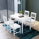 ELEGANT Kitchen Furniture Wooden Dinning Table and 4 Chairs Nature Solid Pine Wood 5 Pieces Rectangular Kitchen Living Room Set, White