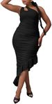 VERWIN Bodycon Dress Sleeveless Ruched Dress One Shoulder Ruffle Wrap Dress Party Dress Oblique Collar Maxi Dress M Black