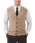 Kallspin Men’s Wool Blended Vest Sweater Cable Knit Relax Fit V Neck Sleeveless Button Cardigan (Coffee, 2XL)