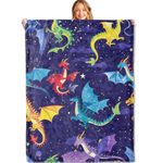 MIEPOS Funny Dragon Purple Throw Blanket 50x60in, Soft Lightweight Flannel, Cartoon Animals Stars Clouds Dots Blankets - Gifts for Adult, for Couch Office Travel Home Living Room Activity Party Decor