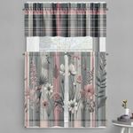 Ambesonne Floral Valance & Tier Curtain 3 pcs Set, Treasured Garden of Spring with Flowers and Calm Colored Tartan Plaid Pattern, Window Treatments for Kitchen Room Decor, 55" x 30", Pink and Grey