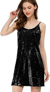 Allegra K Disfraz de Navidad Mini Vestidos De Lentejuelas de Fiesta Escote en V Sexy sin Mangas Disfraces De Halloween para Mujer Negro S