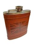 Stainless Steel Hip Flask with Union Jack Brown Leather Cover, British Collectable