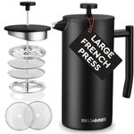 Large French Press Coffee Maker - Double Wall 304 Stainless Steel - 4 Level Filtration System with 2 Extra Filters, Black, 50oz (1.5L)