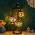 Marrakech Turkish Lamp 3 Globes Moroccan Table Lamp with Bronze Base, 23" Tall Handmade Colorful Tiffany Mosaic Glass Night Light Fixture Including LED Bulb for Living Room Bedroom Decor