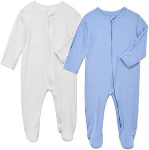 Aablexema Baby Footie Bamboo Pajamas Zipper - Unisex Infant Newborn Sleep Play Footed Onesie Pjs with Mittens(White and Blue, Newborn)