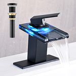 AVSIILE LED Bathroom Sink Faucet, Matte Black Waterfall Single Hole Handle RV Bath Vanity Faucets for Sinks 1 Hole with Metal Pop Up Drain and 2 Water Supply Lines, Open Glass Spout