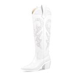 wetkiss Cowboy Boots for Women Knee High, Cowgirl Boots Women Rhinestone Comfort Fashion Tall Sparkling Western Boots Boots for Women, F-white, 7.5