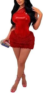 Women Sexy 2 Piece Outfits Clubwear One Shoulder Metallic Bodysuit Top Night Party Club Mini Skirt Set Red S