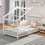 KOMFOTT Twin Wood House Bed, Low Profile Floor Bed Frame with Roof, Headboard & Footboard, Wood Floor Montessori Bed, No Box Spring Needed