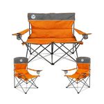 Northroad 3pcs Outdoor Folding Padded Camping Chair Set w/1 Loveseat Chair,2 Single Chairs Portable Collapsible Padded Conversation Set for Family Camping Patio Beach w/Cup Holder & Carry Bag(Orange)