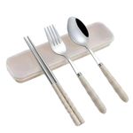 DOCAT Spoon Set Stainless Steel Chopstick, Spoon and Fork Cutlery Set for Women, Men, Kids Eating Food Portable Tableware Dining Accessories (Beige)