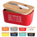 Ceramic Butter Dish with Wooden Lid, Lesige Large Butter Container Keeper Storage Plate with Stainless Steel Butter Knife, Bamboo Cover and Silicone Sealing Ring for West East Coast Butter, Red